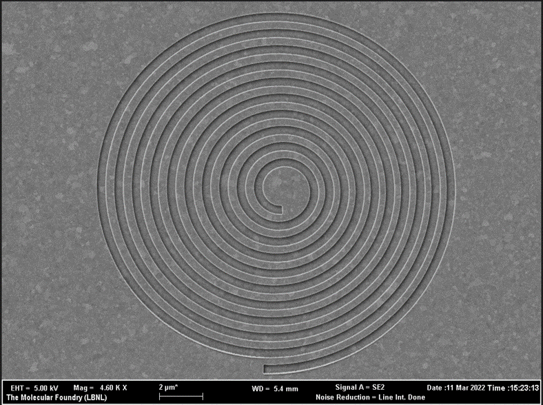 A scanning electron micrograph of a nanopatterned spiral photocathode proposed for source size reduction